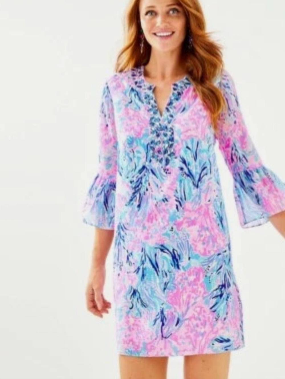 Lilly Pulitzer Elenora Silk V-neck Dress, Pink  Purple Blue, Beaded Yoke, XS